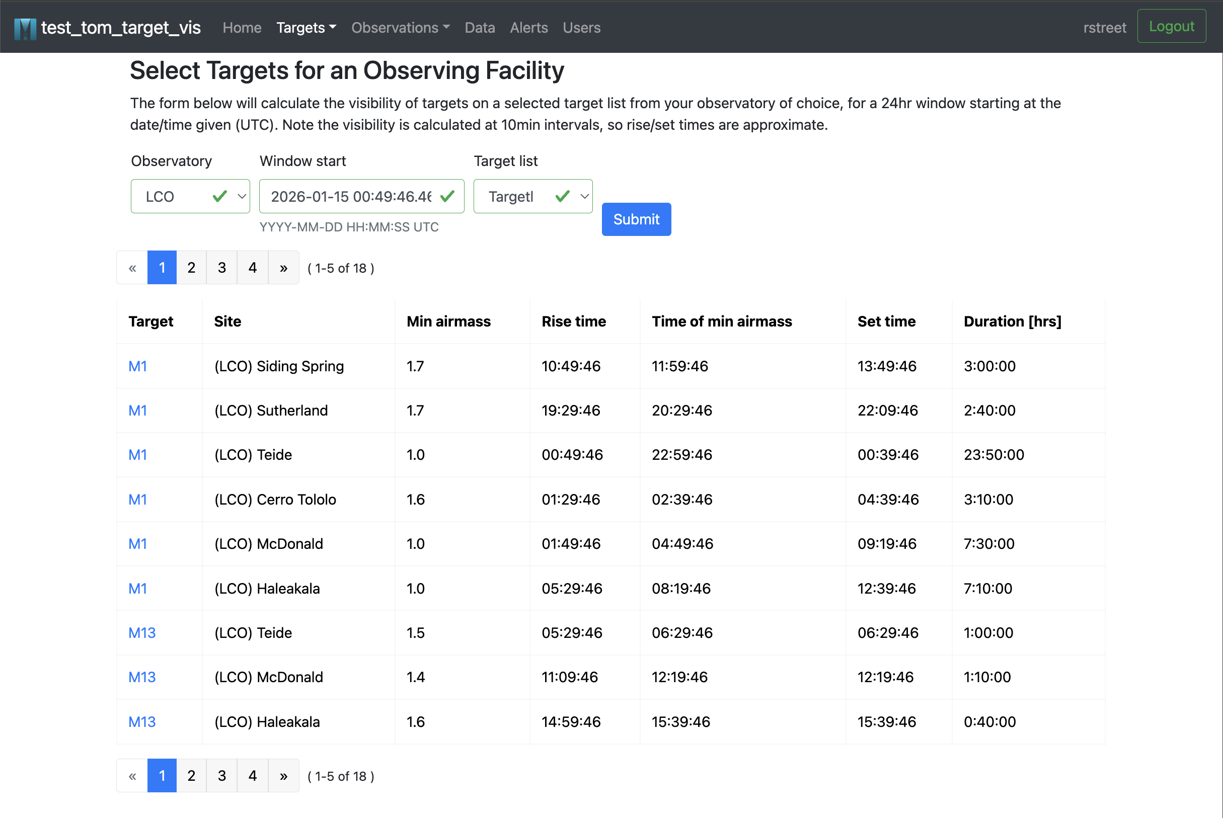 Default table output for target selection